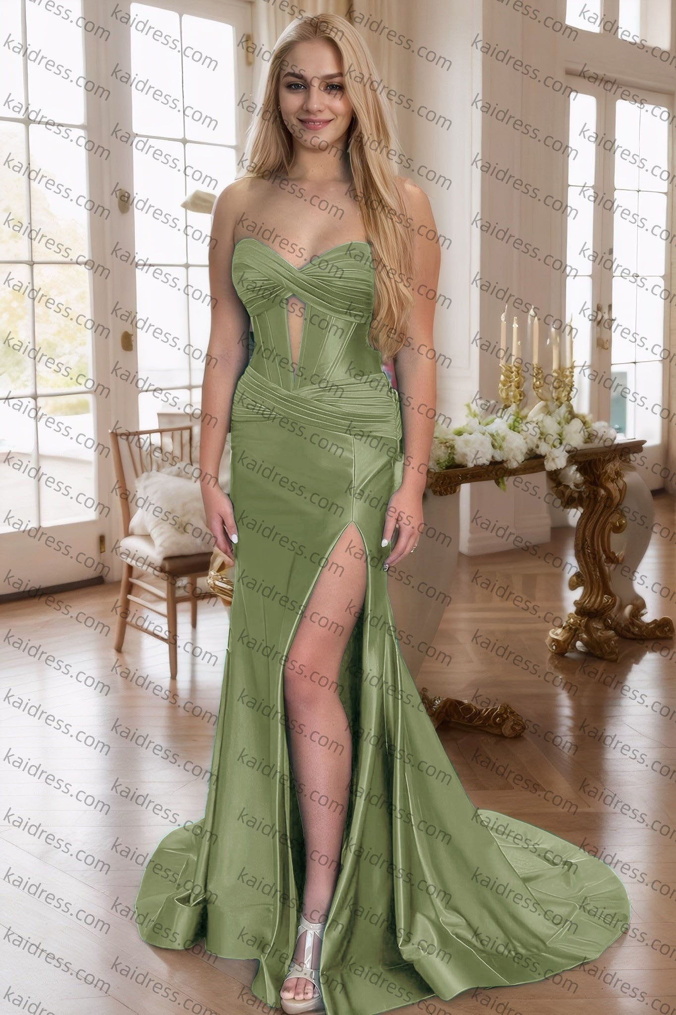 Green Silk Strapless Mermaid Prom Dresses Long Formal Evening Gown with Slit