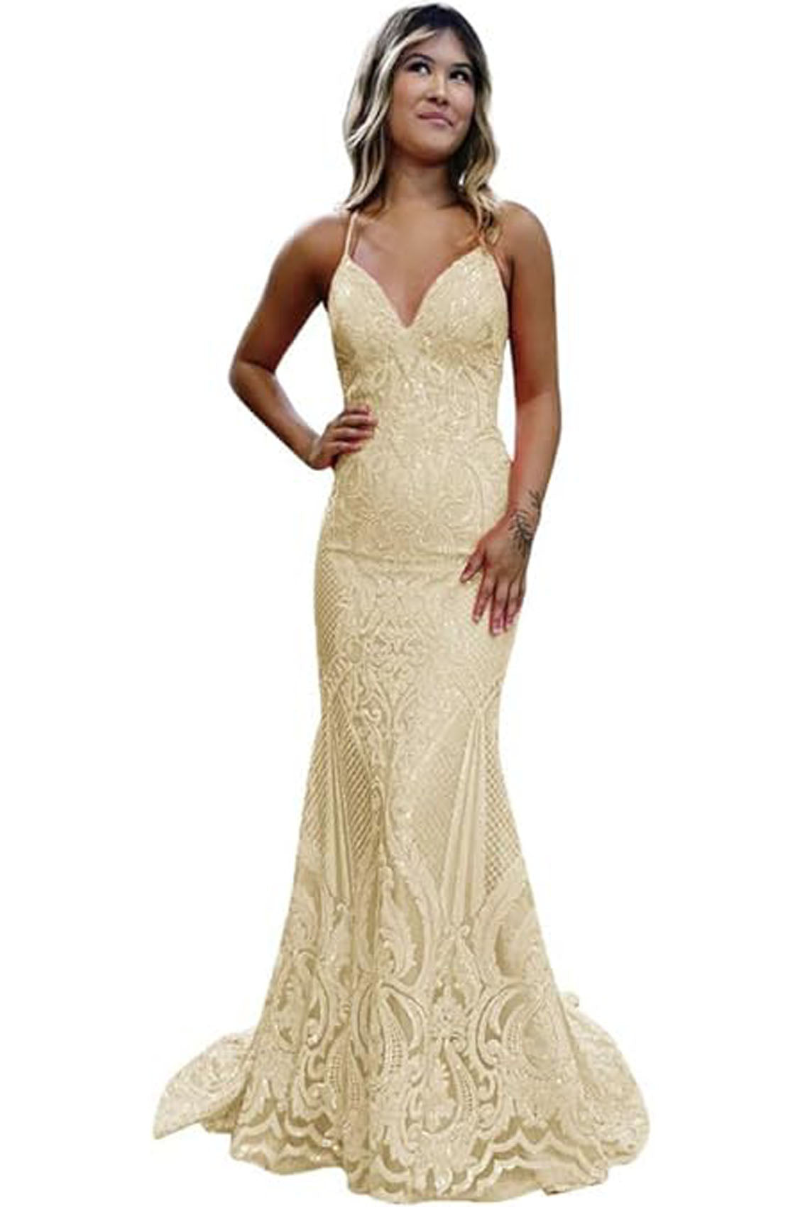 Trumpet/Mermaid V Neck Sleeveless Sweep Train Allover Sparkly Sequined Lace Prom Dress