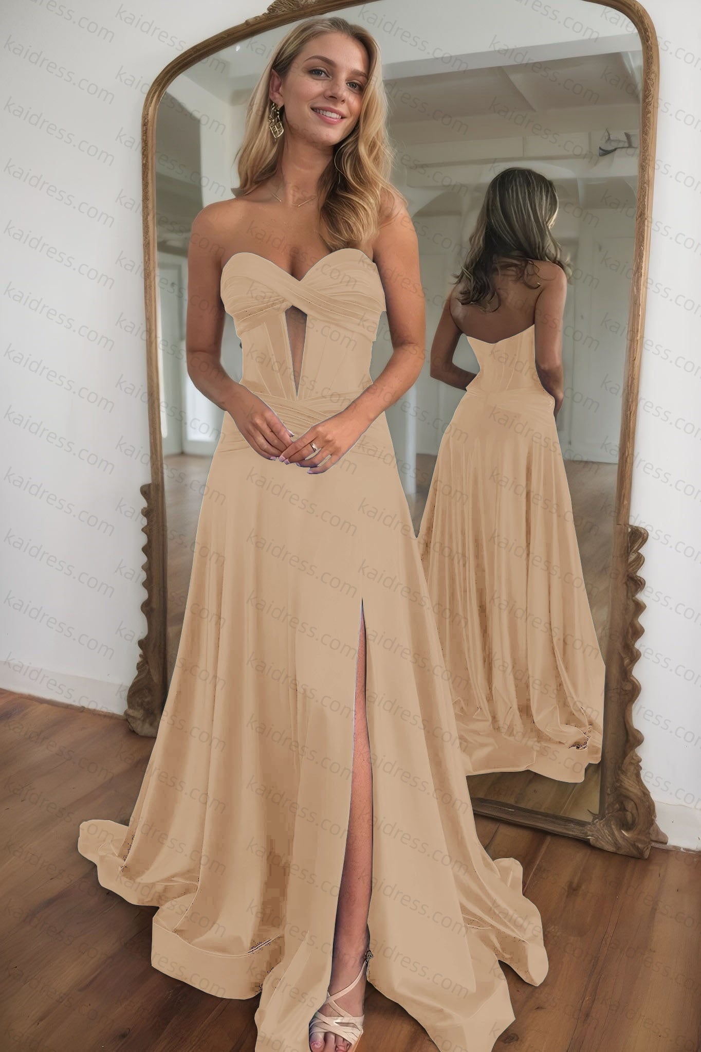 A-line Strapless Silk Long Blue Prom Dresses Elegant Evening Dress