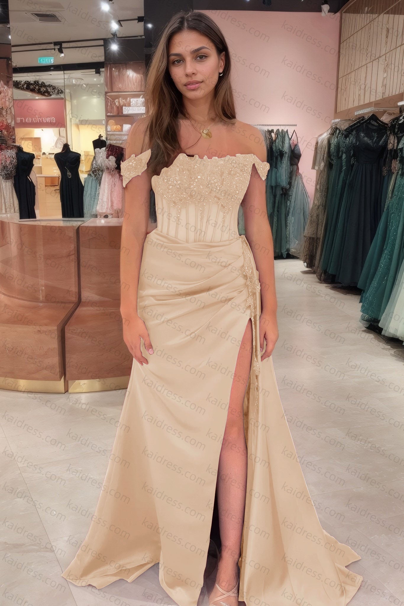 Sheath/Column Off the Shoulder Satin Beaded Prom Dress Burgundy With Appliques Prom Gown