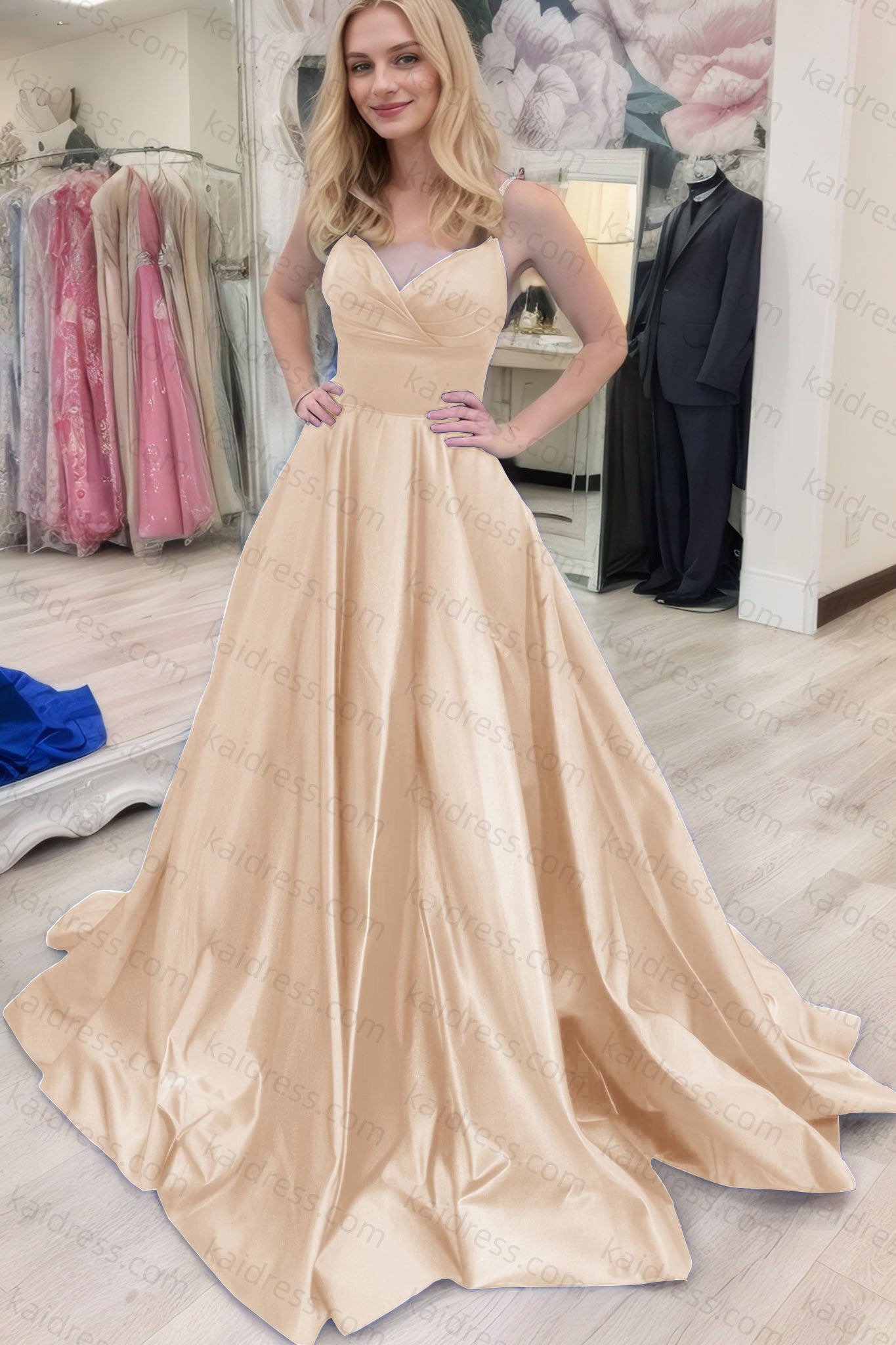 A-line V Neck Sleeveless Court Train Satin Prom Dresses With Bowknot Pleated Waistband