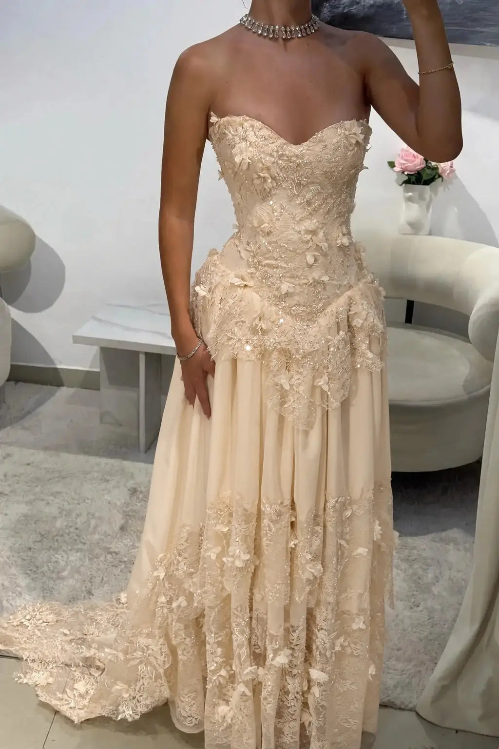 Dreamy Yellow 3D Floral Applique Sweetheart Corset Prom Dress