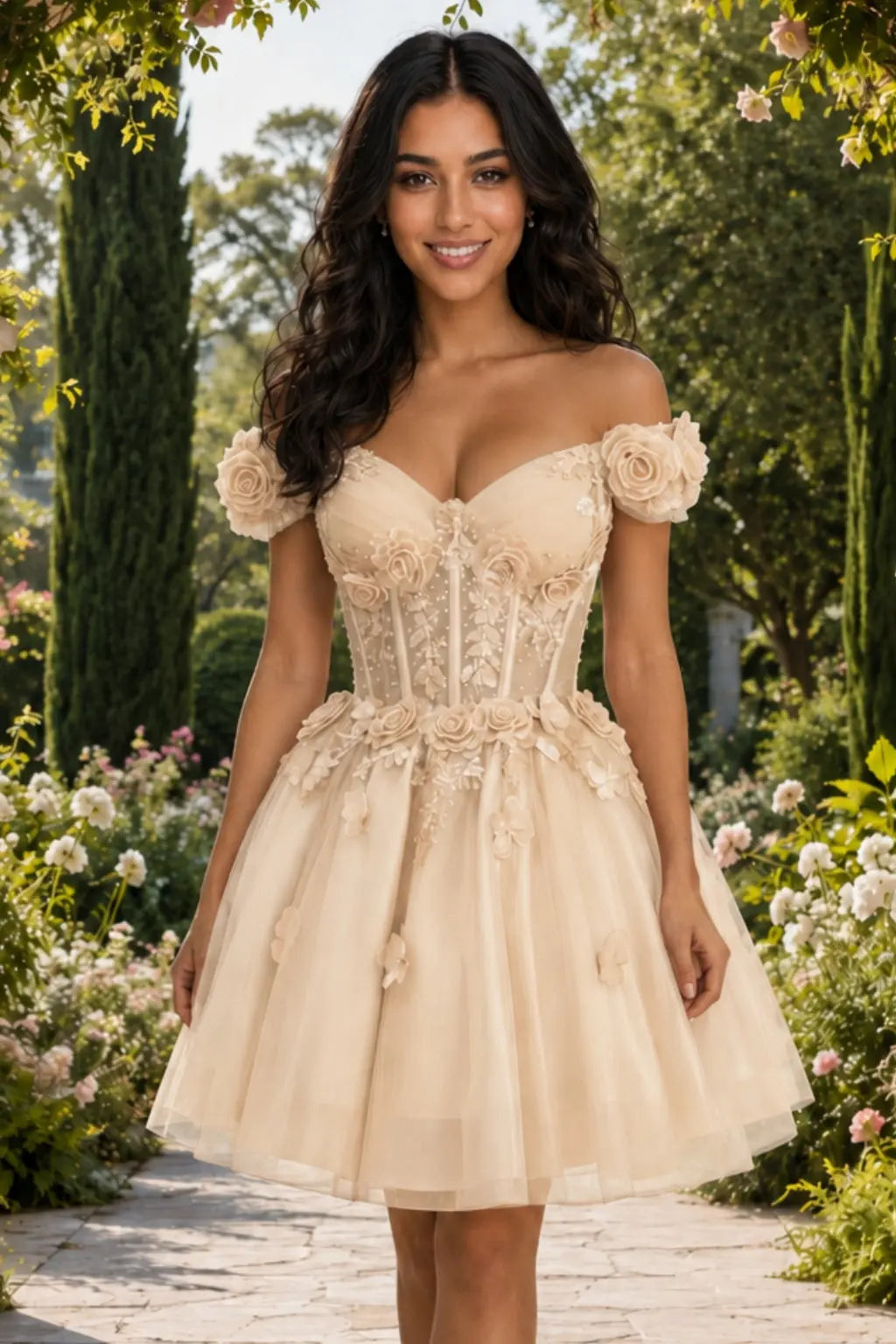 A-line Off-the-Shoulder Tulle Short/Mini Homecoming Dress with Appliqued Flowers Sequins KAIDRESS