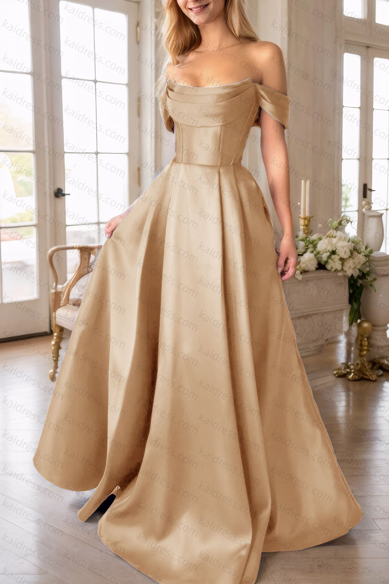 A-Line Satin Long Prom Dress, Simple Off the Shoulder Evening Party Dress With Pockets