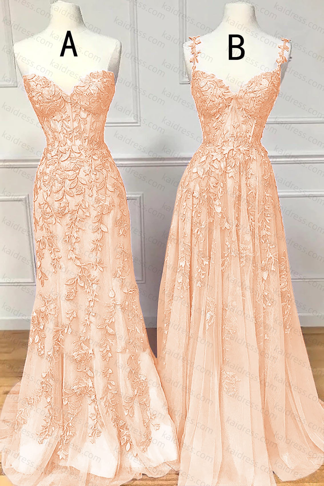 A-line Sweetheart Spaghetti Straps Sweep Train Lace Prom Dress With Beading