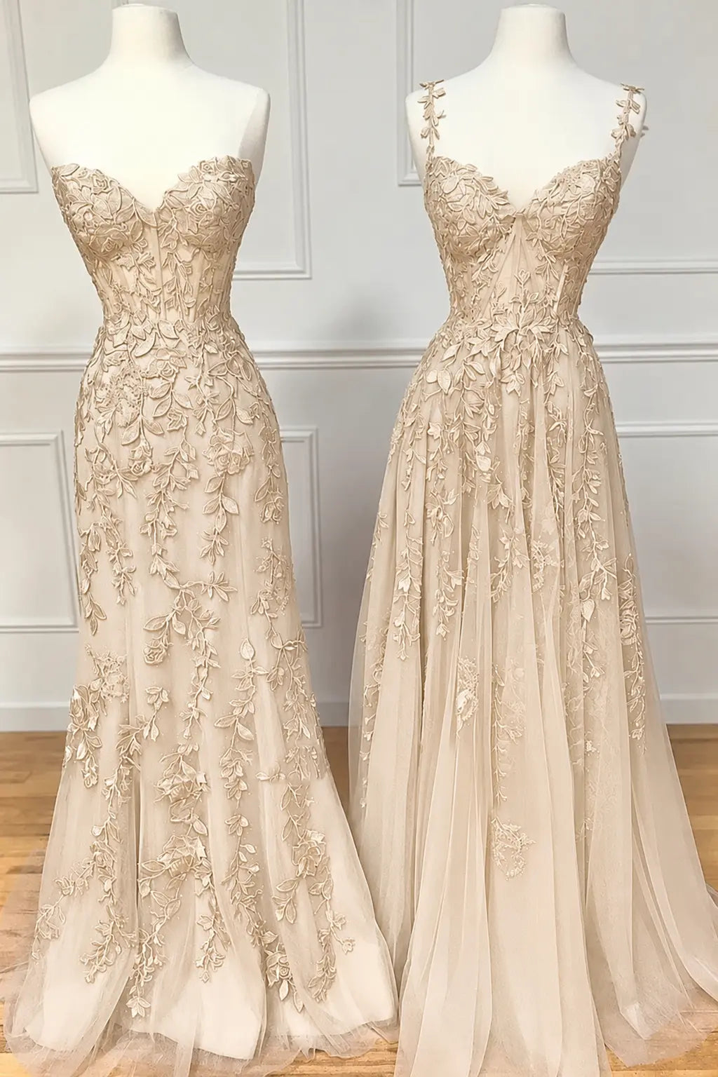 A-line Sweetheart Spaghetti Straps Sweep Train Lace Prom Dress With Beading Kaidress