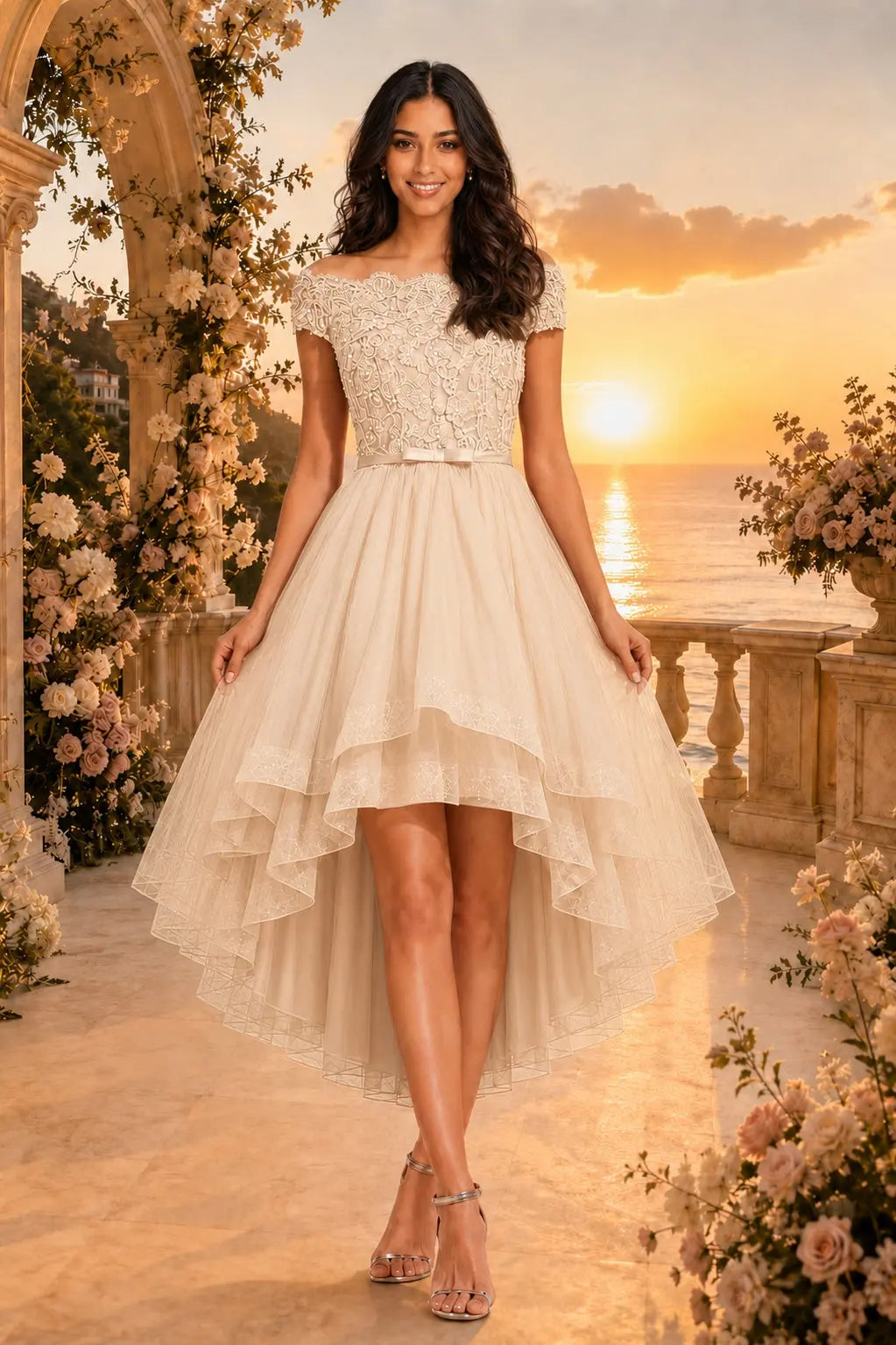 Burgundy Off the Shoulder A Line Strapless Lace Tulle Asymmetrical Dress KAIDRESS