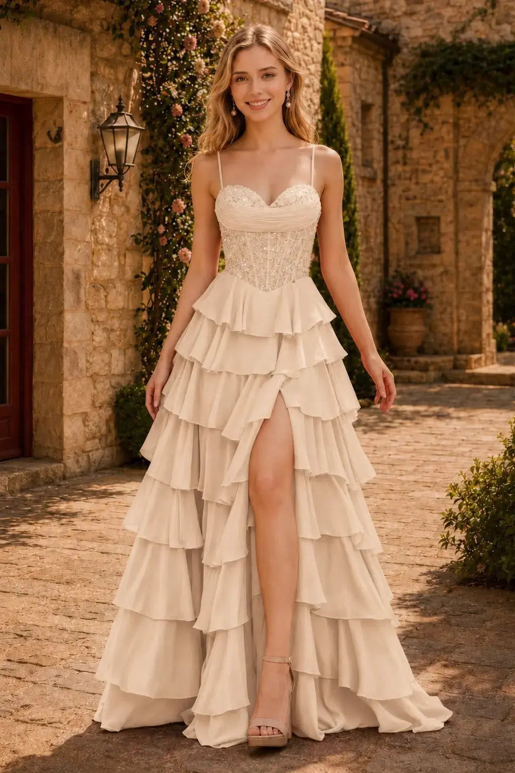 Spaghetti Straps Sweetheart Embellished Corset Chiffon Slit Ruffle Prom Dress with Detachable Straps