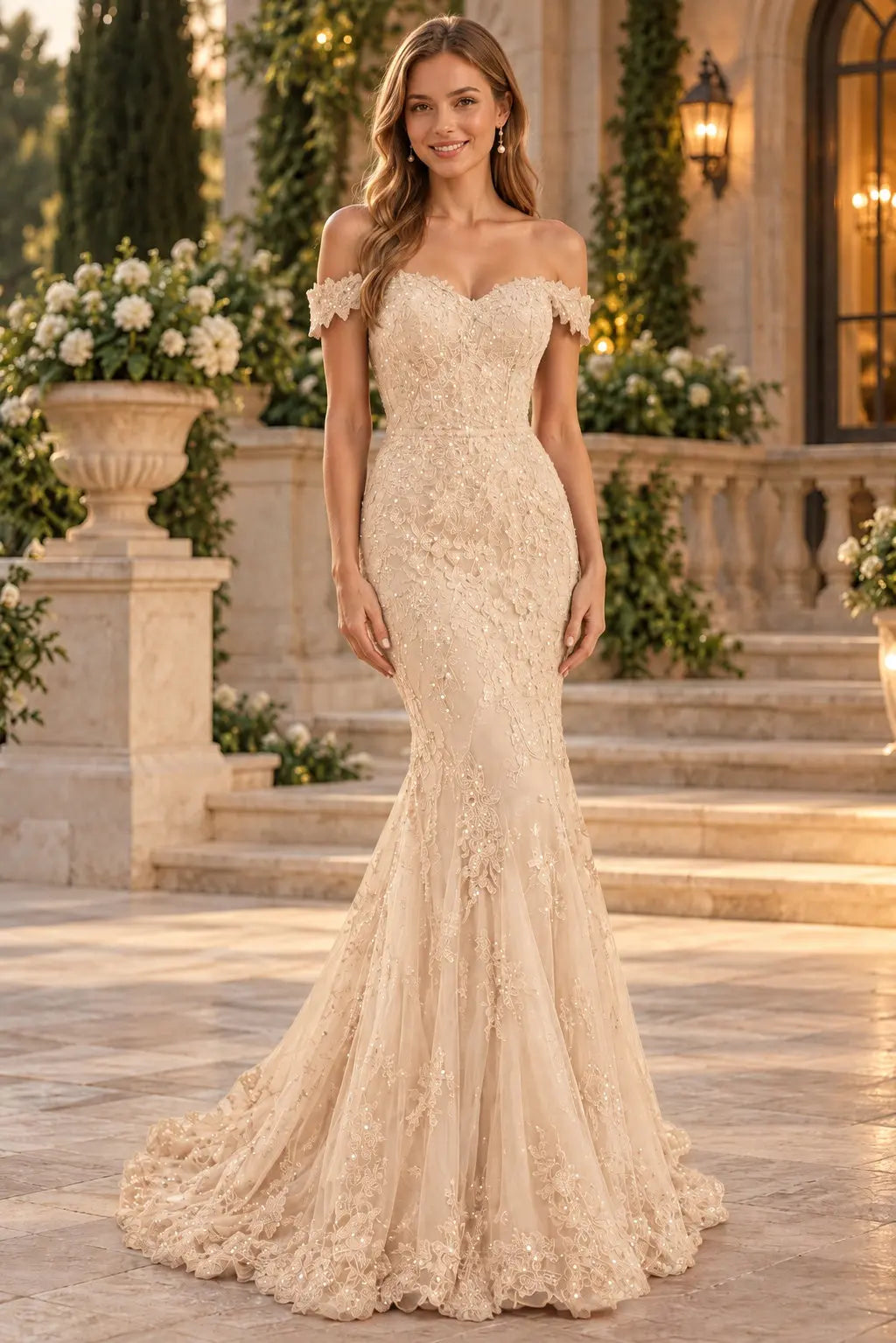 Lace Long/Floor-Length Trumpet/Mermaid Sleeveless Off-The-Shoulder Zipper Prom Dresses With Appliqued Beaded