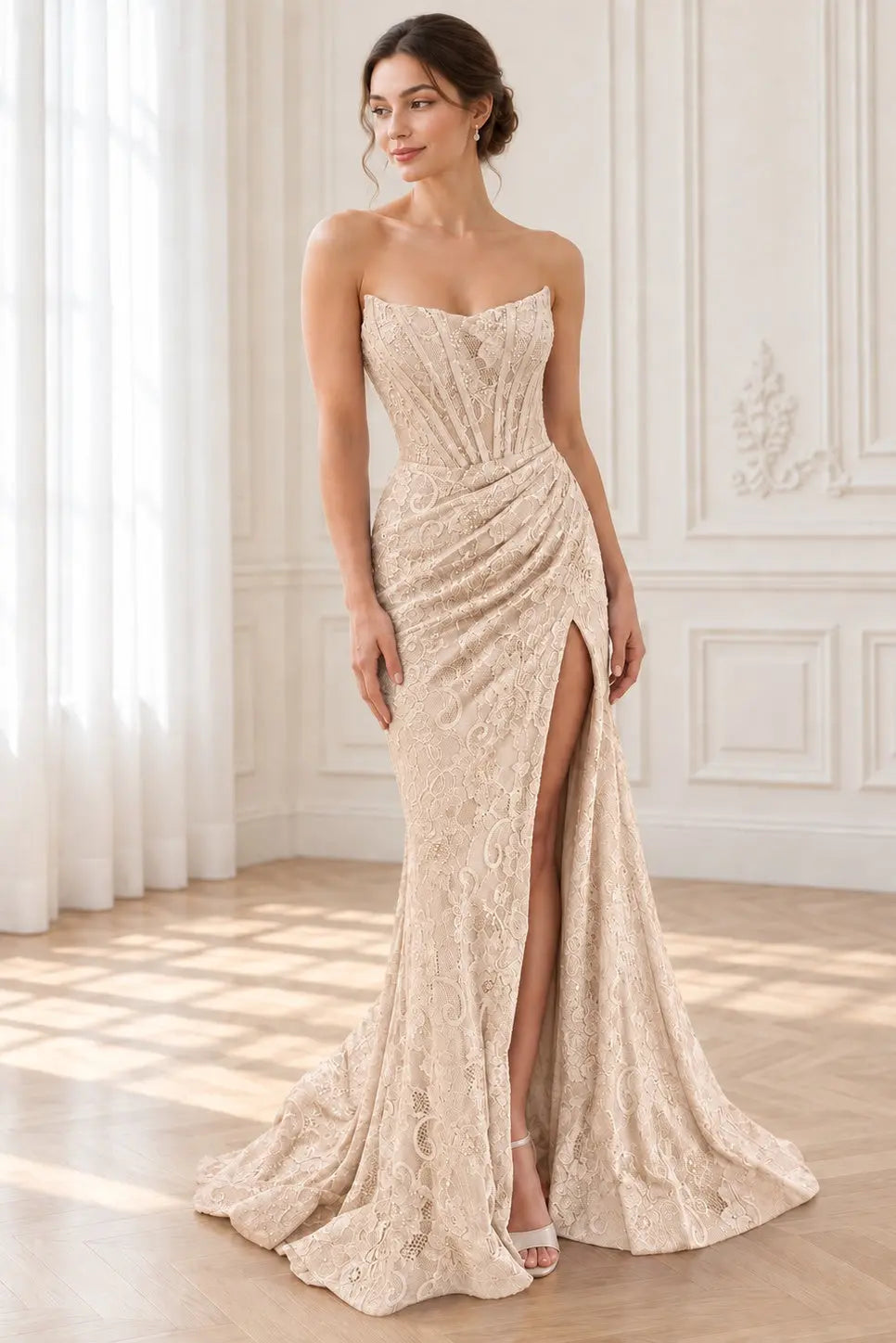 Sheath/Column Off the Shoulder Sleeveless Prom Dresses Long Lace Formal Evening Gowns