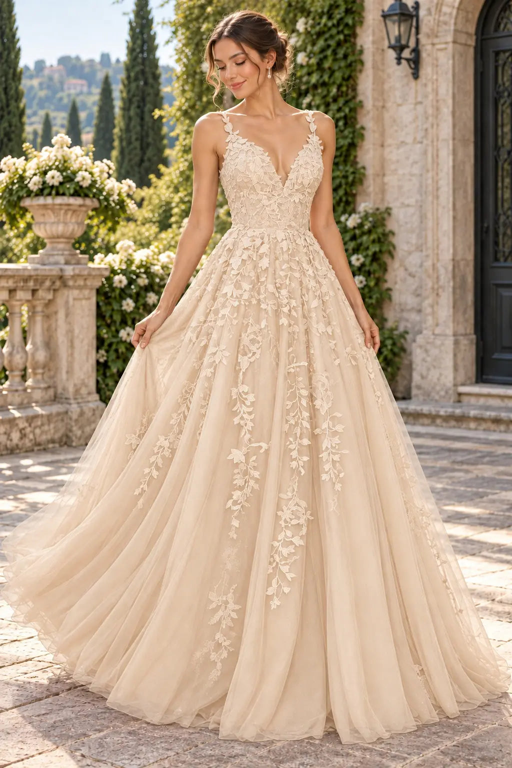 A-Line Lace Prom Dresses Long V Neck Sleeveless Formal Maxi Dress