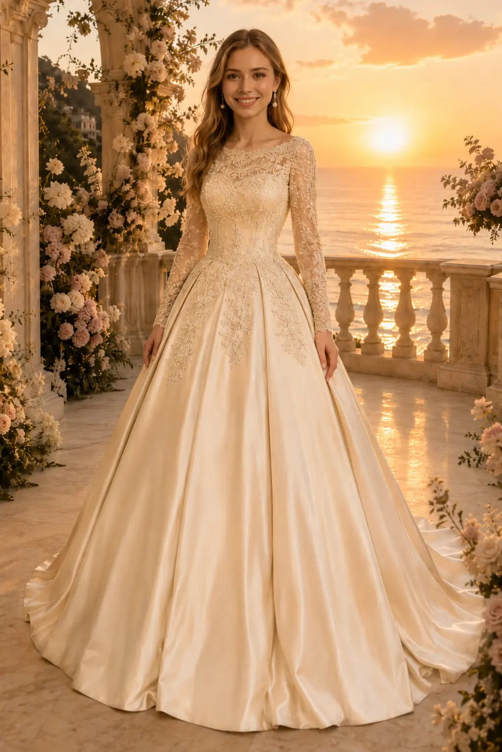 Ball Gown Long Sleeves Off-the-Shoulder Chapel Train Applique Satin Prom Dresses Kaidress