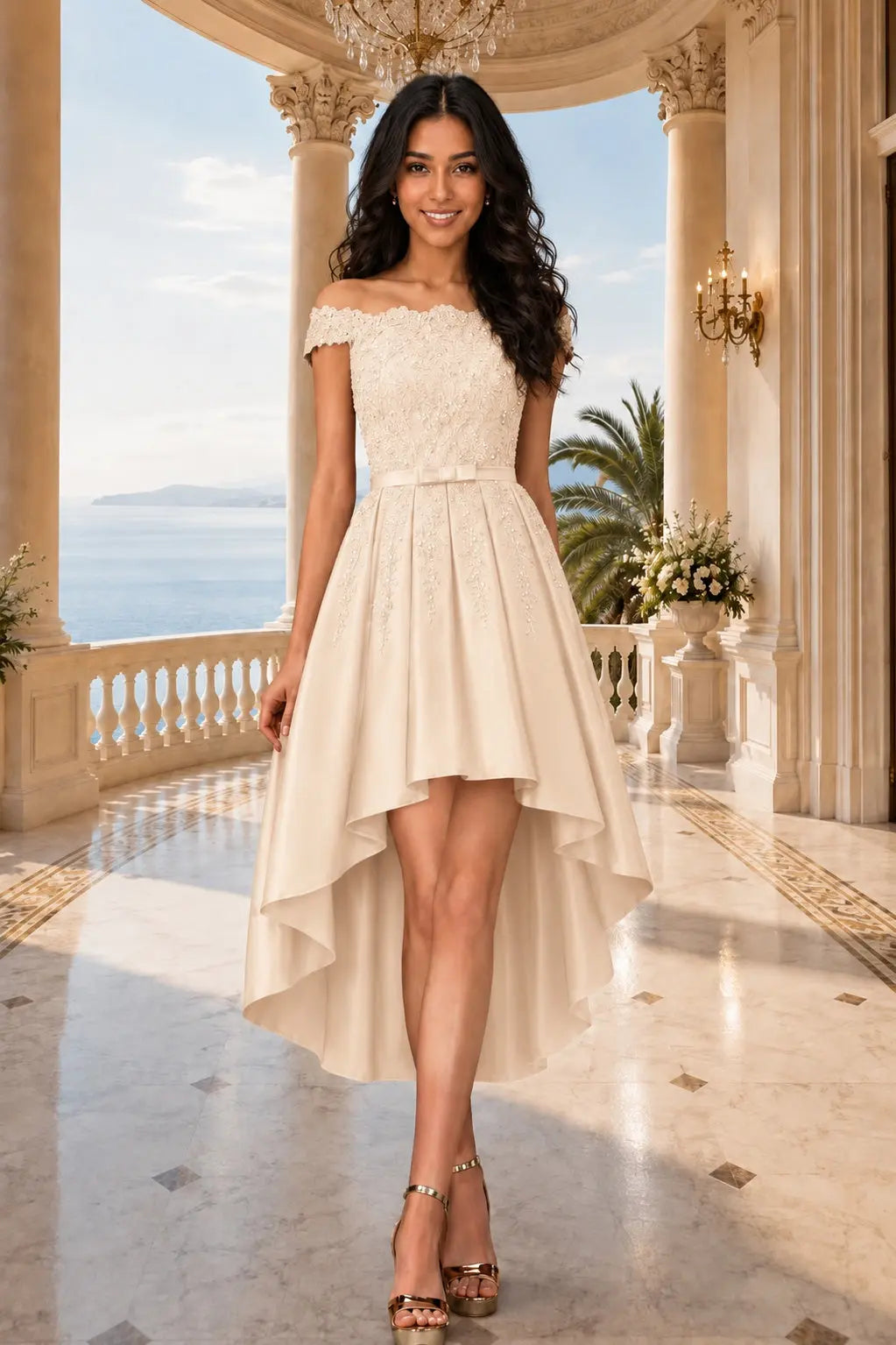 A-line Burgundy Satin Off the Shoulder A Line Strapless Lace Tulle Asymmetrical Dress With Pockets KAIDRESS
