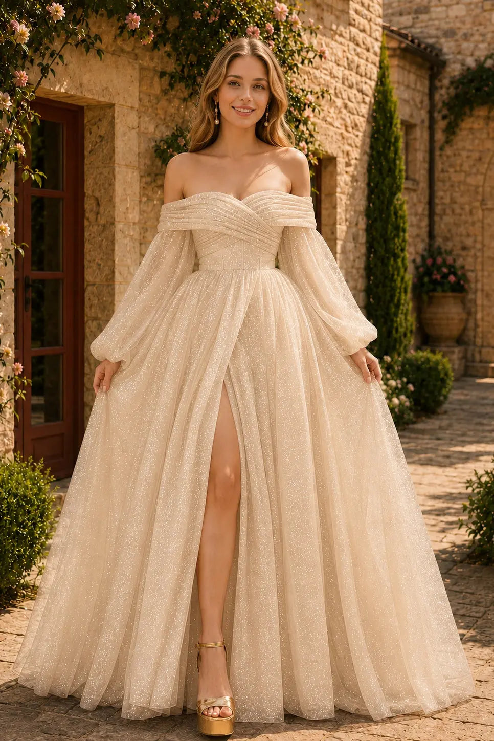 A-Line/Princess Tulle Ruched Long  Off-the-Shoulder Long Sleeves Prom Dresses Detachable Sleeves KAIDRESS