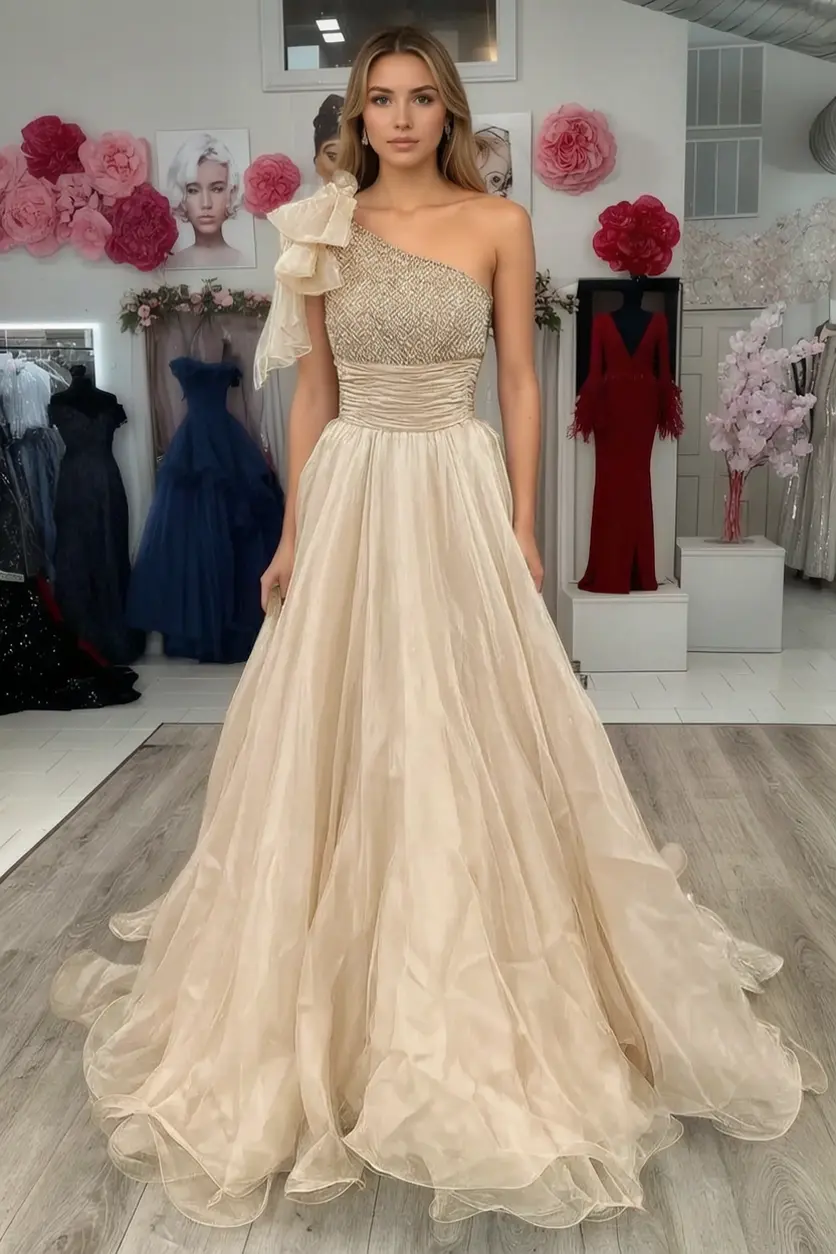 A Line Sparkly Sky Blue One Shoulder Long Prom Dress with Beading KAIDRESS