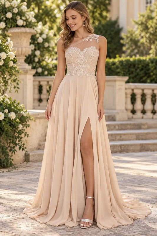 Champagne One-Shoulder Lace Chiffon Prom Dress with Slit & Sweep Train