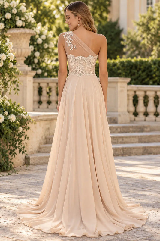 Champagne One-Shoulder Lace Chiffon Prom Dress with Slit & Sweep Train