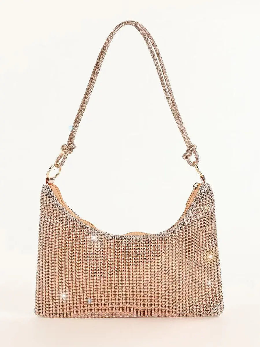 Gold Rhinestone Hobo Shoulder Bag with Adjustable Knotted Strap