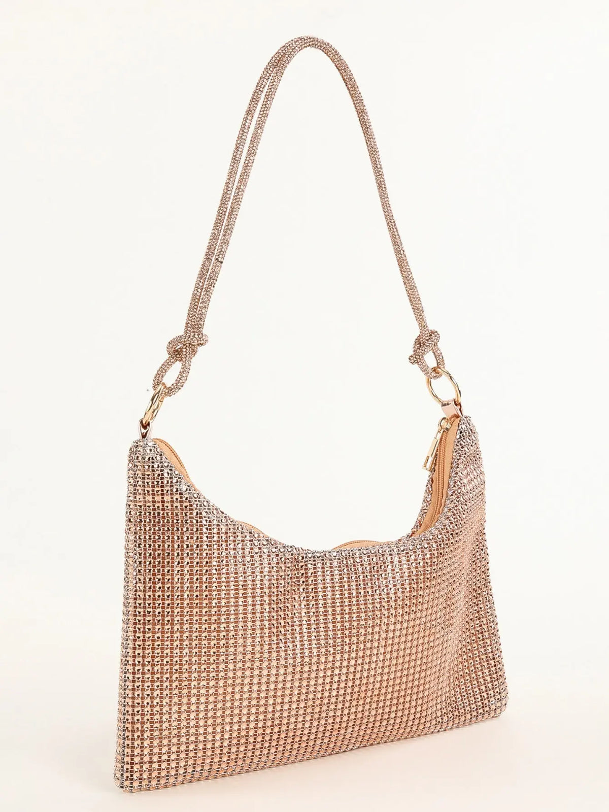 Gold Rhinestone Hobo Shoulder Bag with Adjustable Knotted Strap