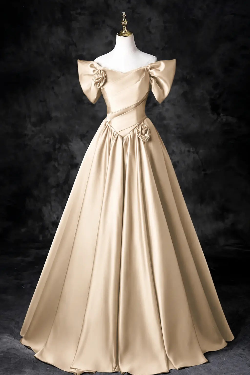 A-Line/Princess Satin Floor Length Formal Prom Dress, Off the Shoulder Prom Gown KAIDRESS