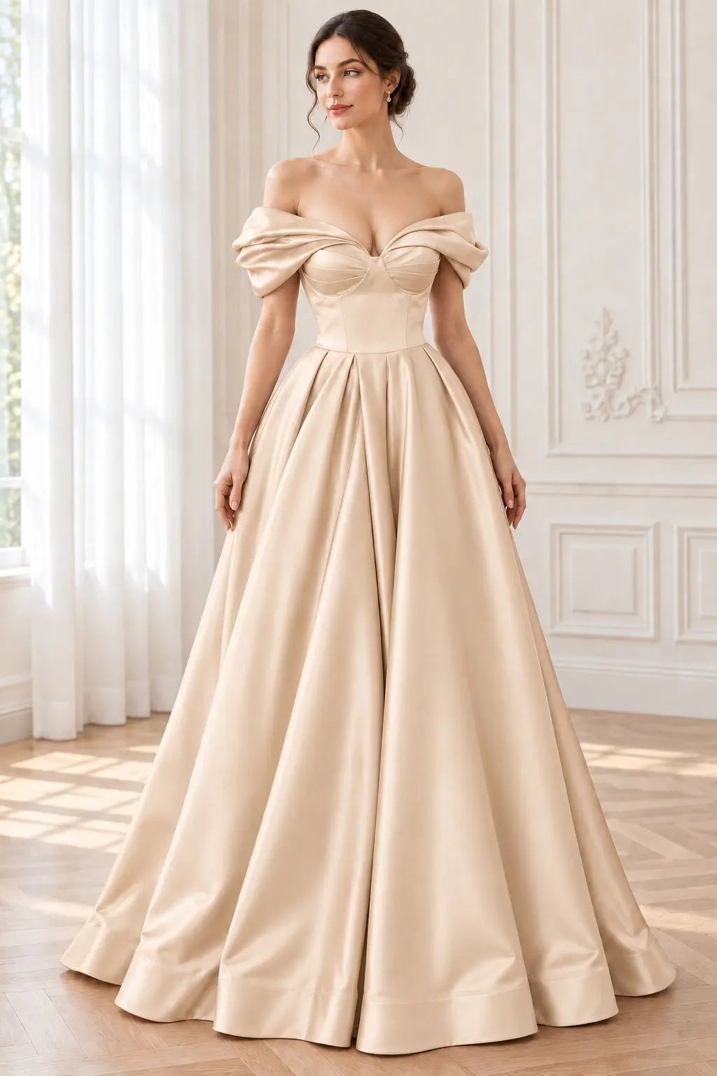 A-line Off-the-Shoulder Short Sleeve Satin Long/Floor-Length Prom Dresses With Ruffles Split