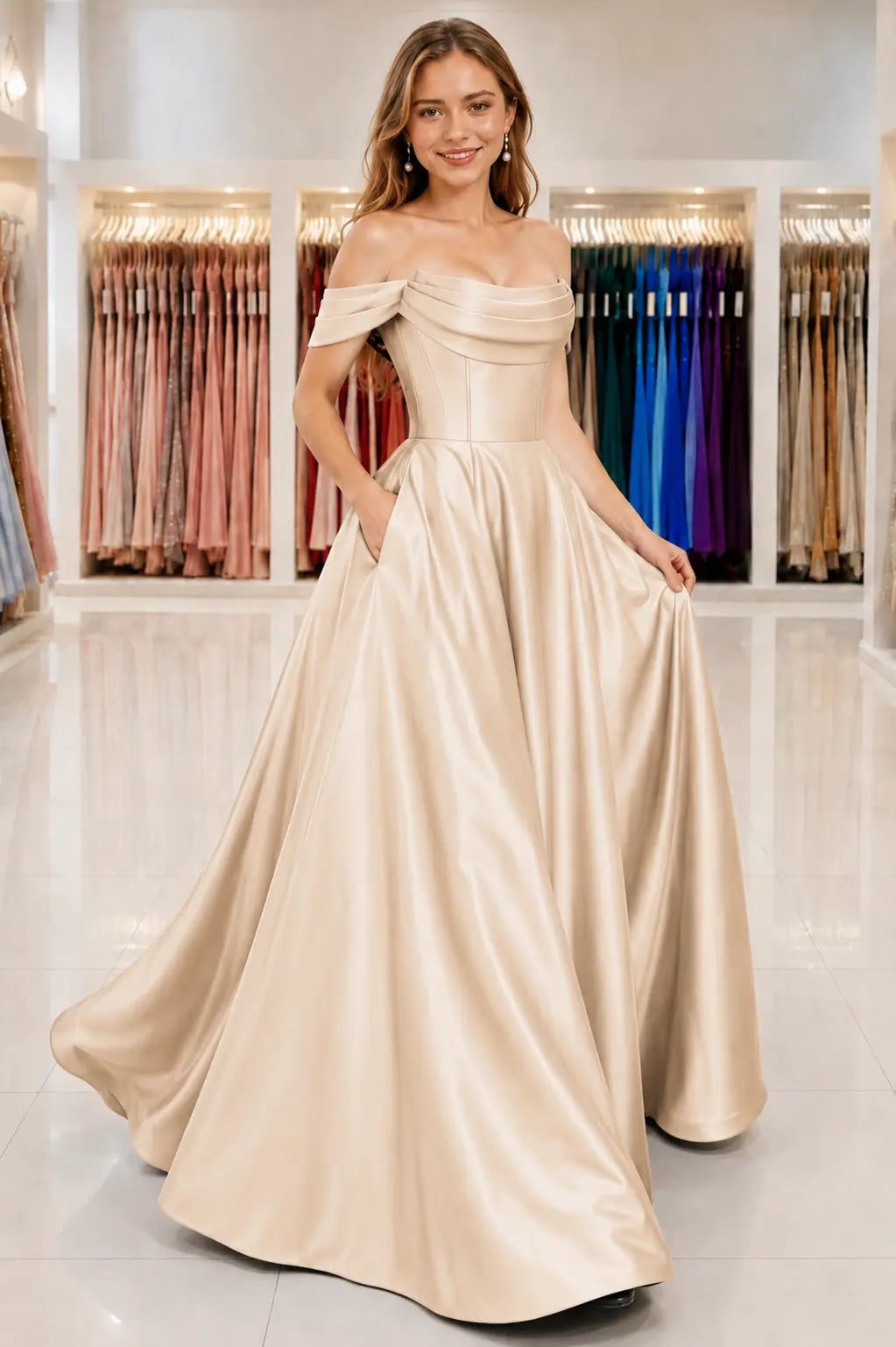A-Line Satin Long Prom Dress, Simple Off the Shoulder Evening Party Dress With Pockets KAIDRESS