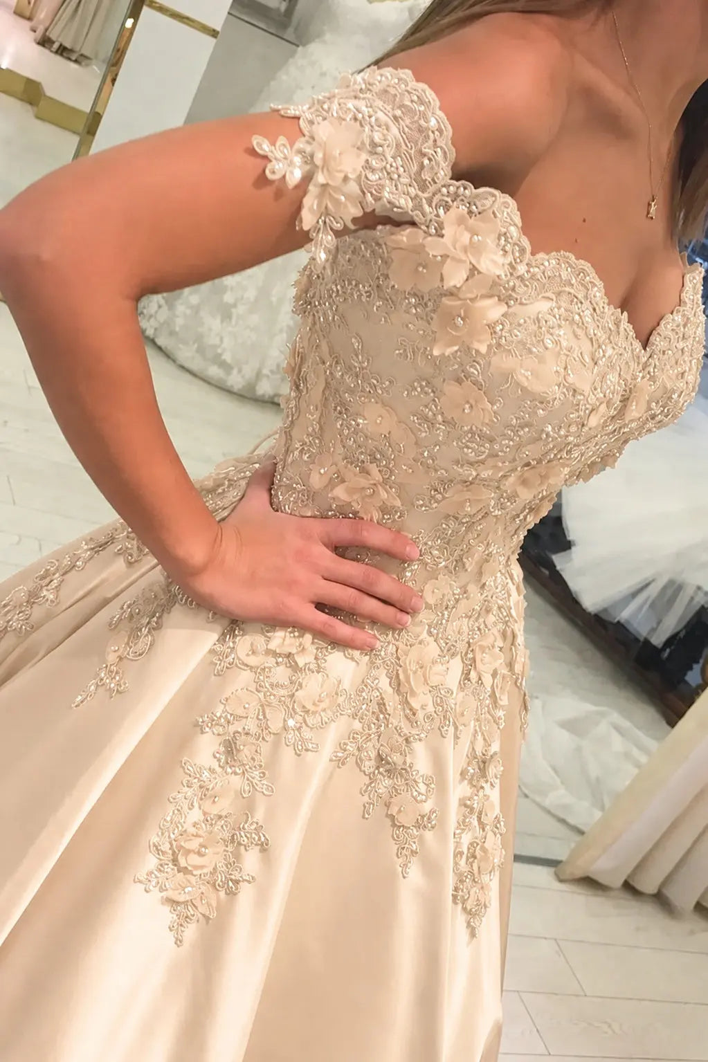 Appliqued Off-The-Shoulder Satin Princess Prom Dress With Beads