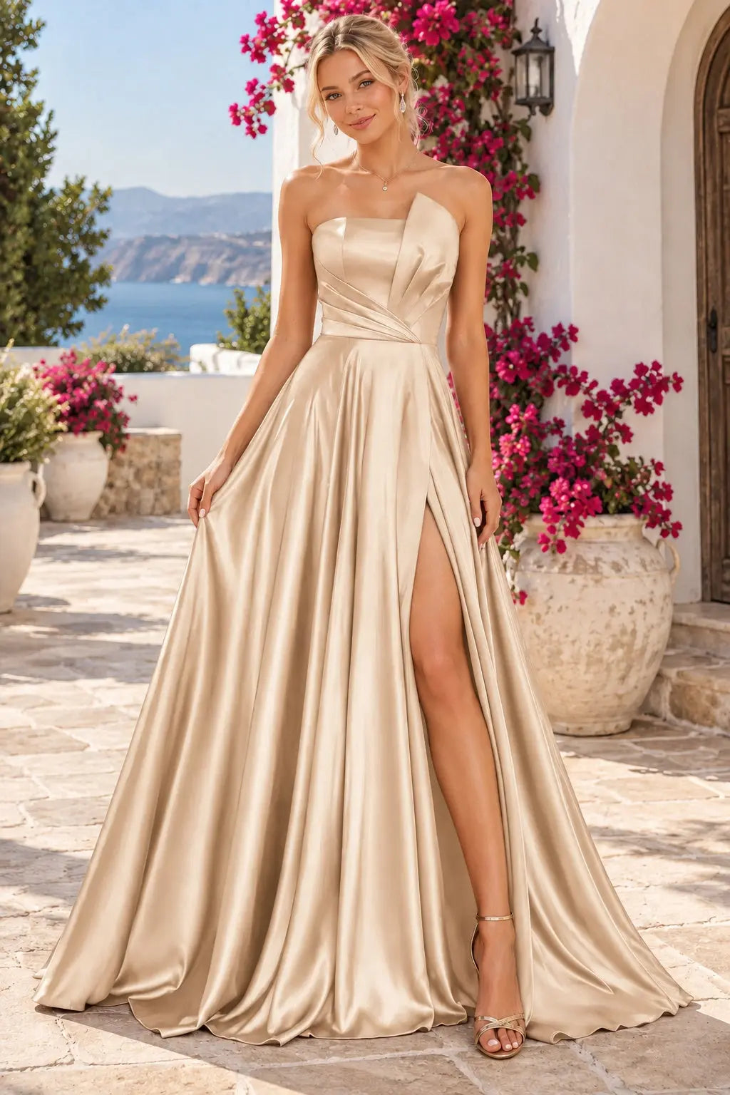 A-line Satin Formal Long Simple Sleeveless Prom Dresses with Slit