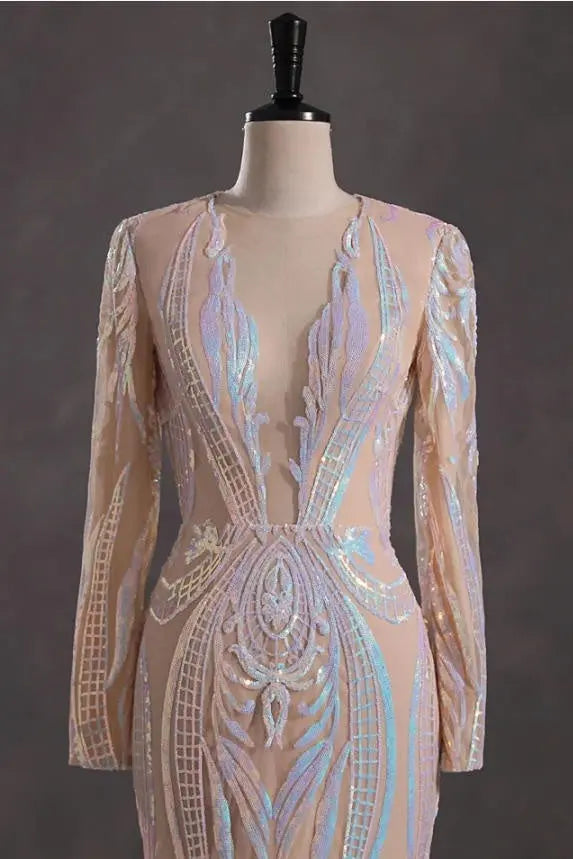 Mermaid Sequin Long Sleeve Silver Long Prom Dresses Sparkly Corset Evening Gowns