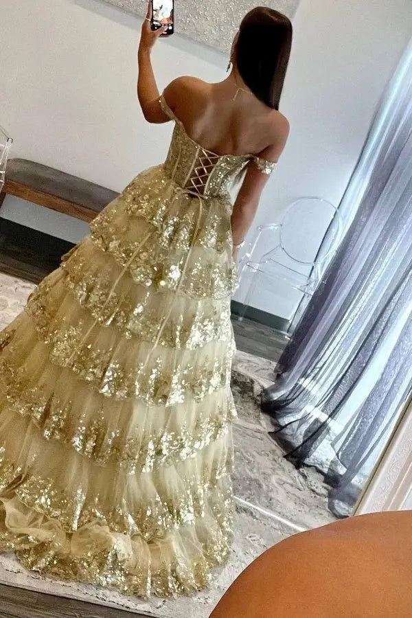 A-Line/Princess Princess Off the Shoulder Sequined Lace Prom Dress KAIDRESS