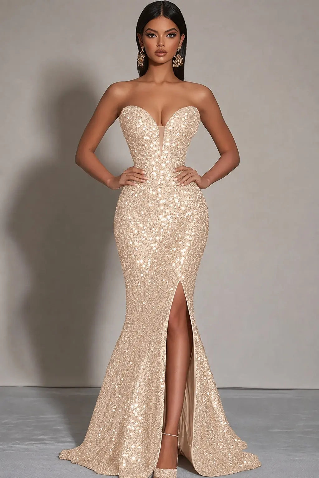 Sparkly Gold Sequins Mermaid Strapless Long Formal Dress with Slit Kaidress
