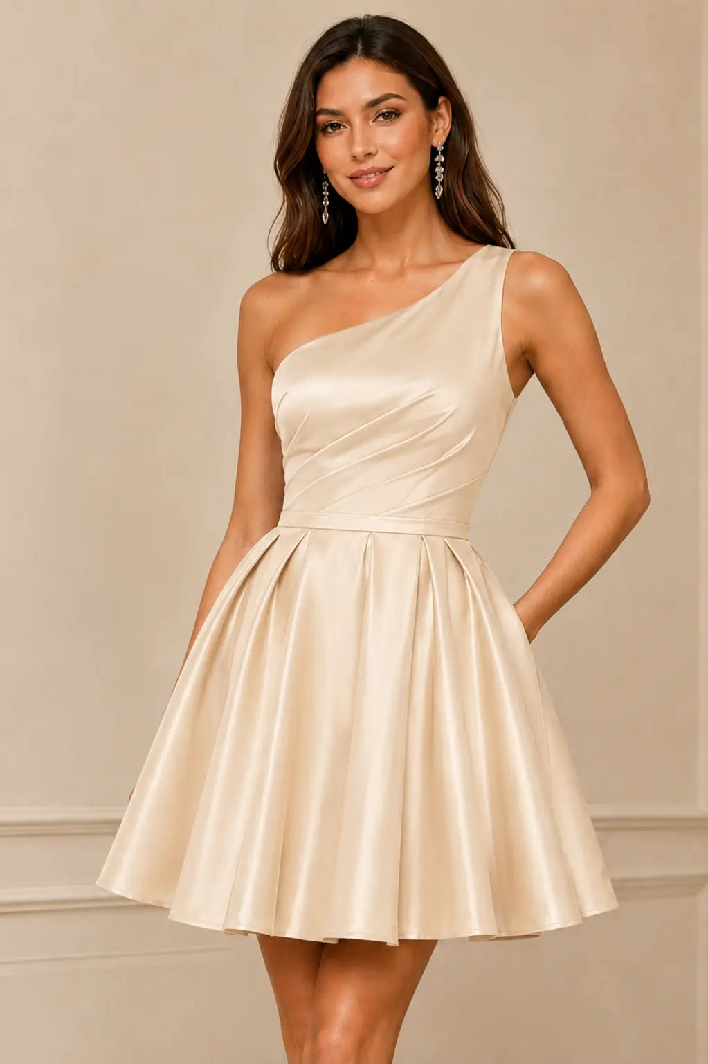 Green One Shoulder Satin Mini A Line Homecoming Dress With Pockets KAIDRESS