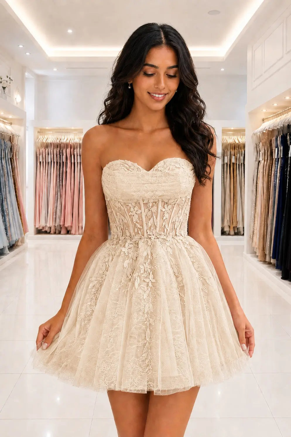 Strapless Beaded Lace Corset A-Line Mini Homecoming Dress KAIDRESS