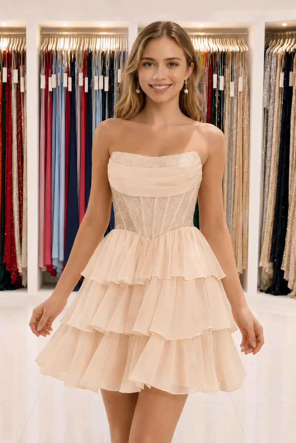 Daffodil Strapless Corset Tiered Ruffle Mini Homecoming Dress With Beading KAIDRESS