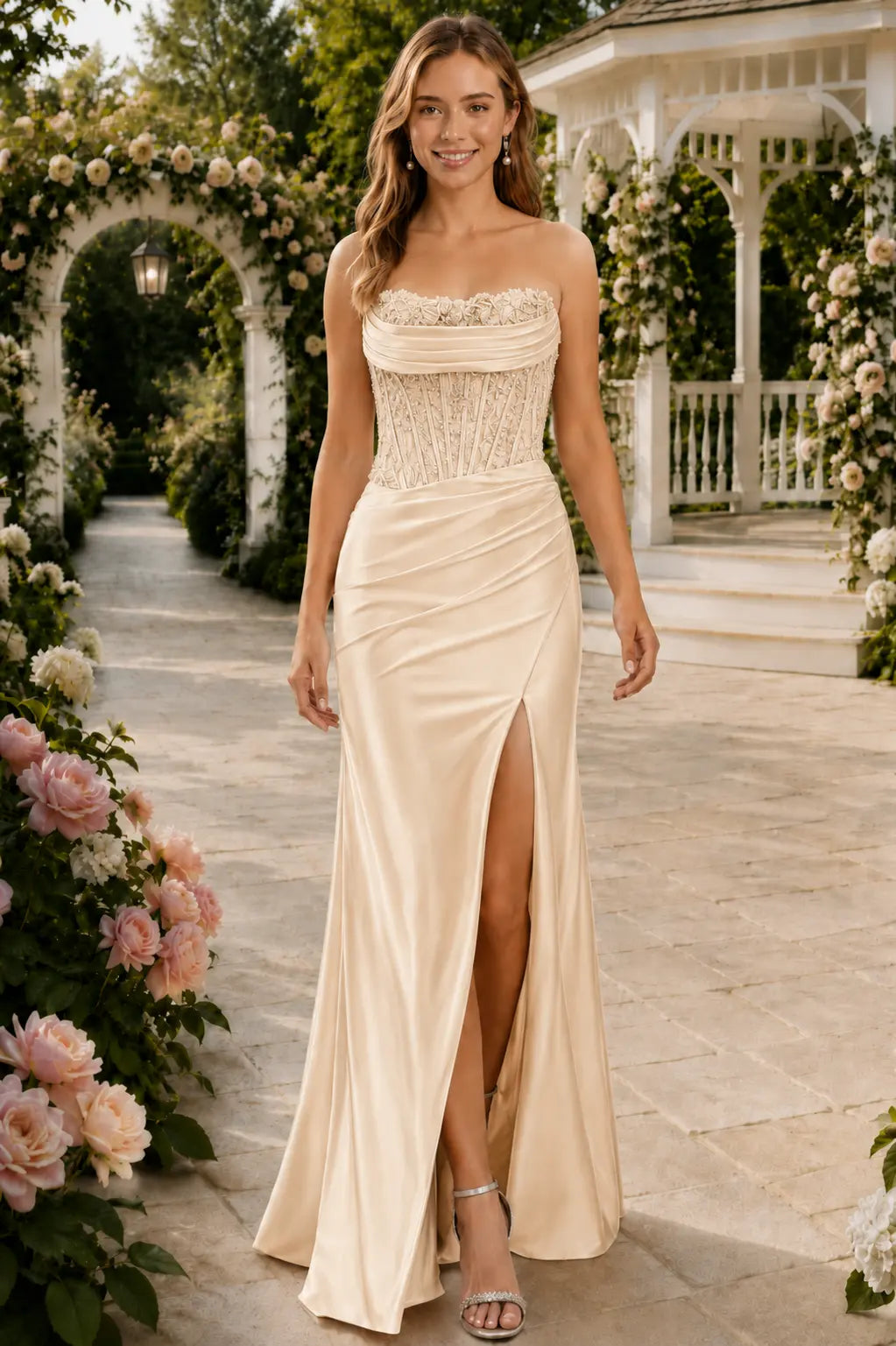 Sheath/Column Beaded Strapless Applique Formal Dress with Slit KAIDRESS