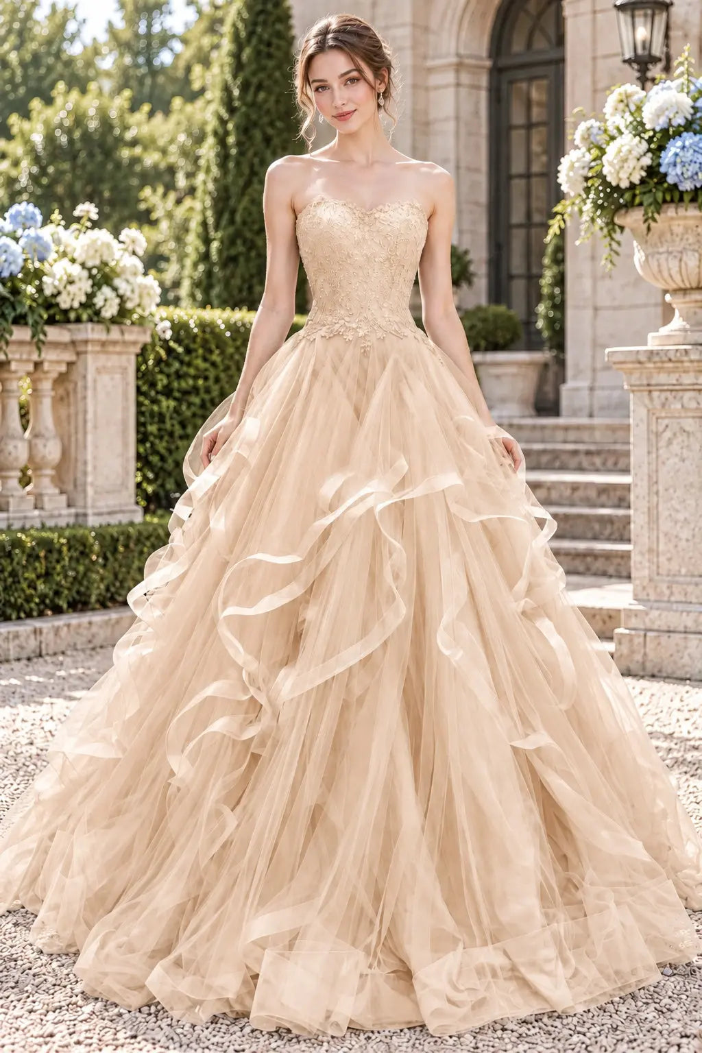 Blue Tulle Lace Long Prom Dresses Princess Layered Formal Evening Gowns