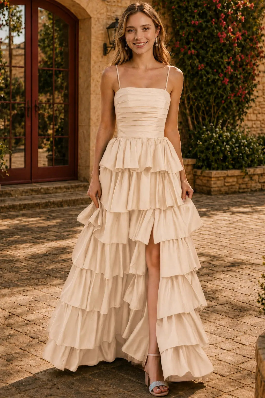A-line Square Neckline Spaghetti Straps Floor-Length Taffeta Prom Dress with Ruffles Slit KAIDRESS