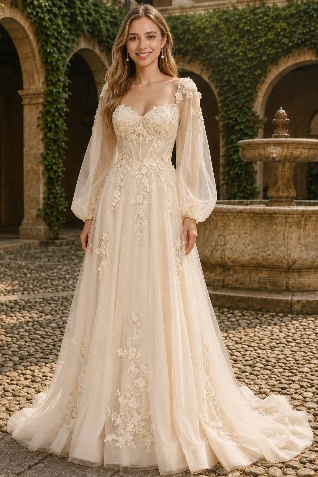 A-line 3D Floral Lace Applique Tulle Long Sleeves Prom Dress