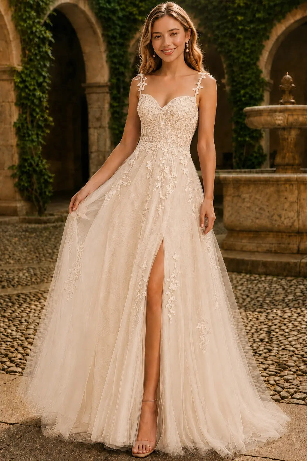 A-line V Neck Sweep Spaghetti Straps Train Tulle Prom Dress with Appliqued Beading