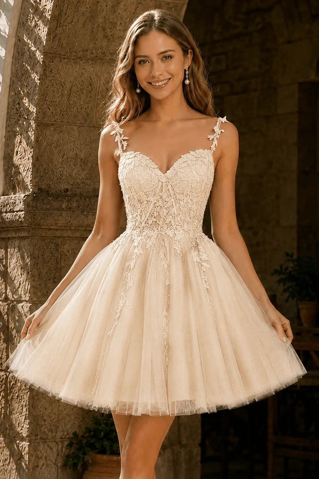 A-line V Neck Short/Mini Tulle Lace Homecoming Dress