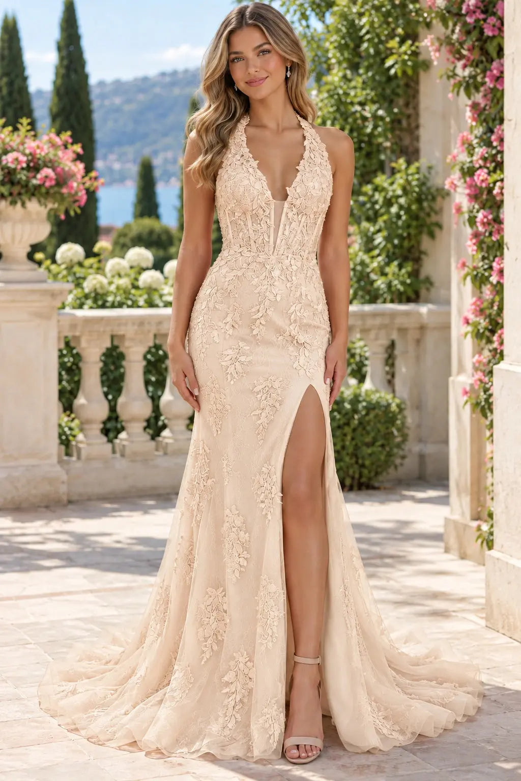 Trumpet/Mermaid V-Neck Tulle Lace Sleeveless Long Prom Dress