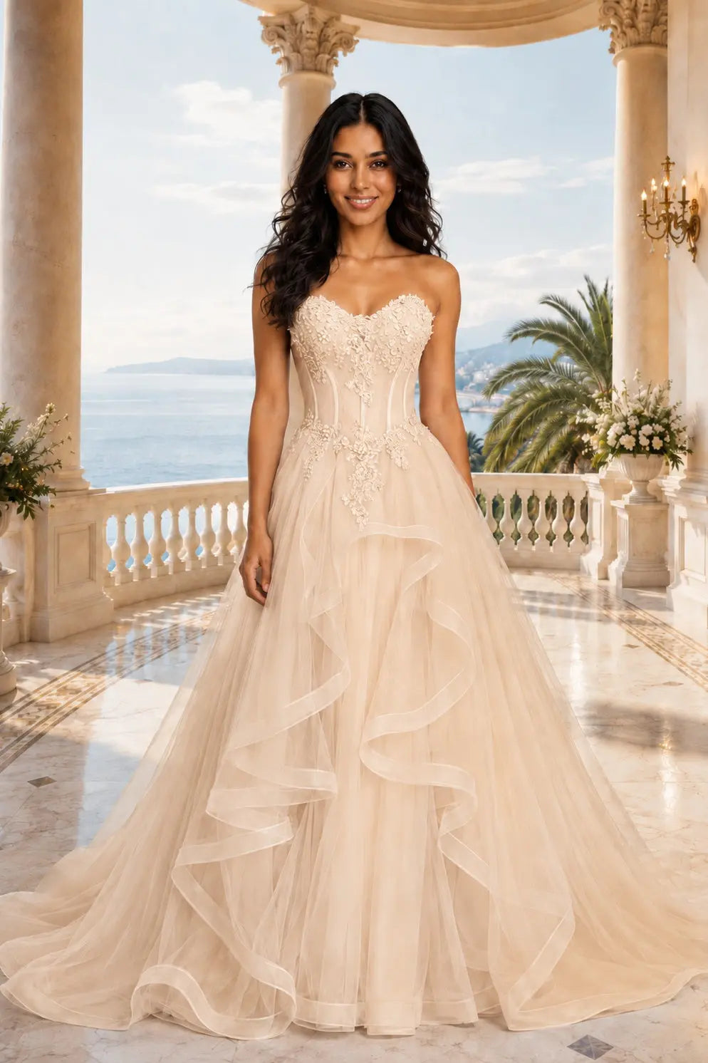 A-line/Princess Sweetheart Sleeveless Sweep Train Tulle Prom Dresses With Beading Appliqued KAIDRESS