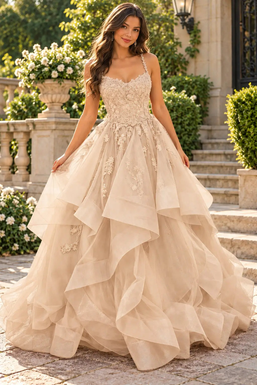 A-line Princess V Neck Floor-Length Tulle Prom Dresses with Appliqued