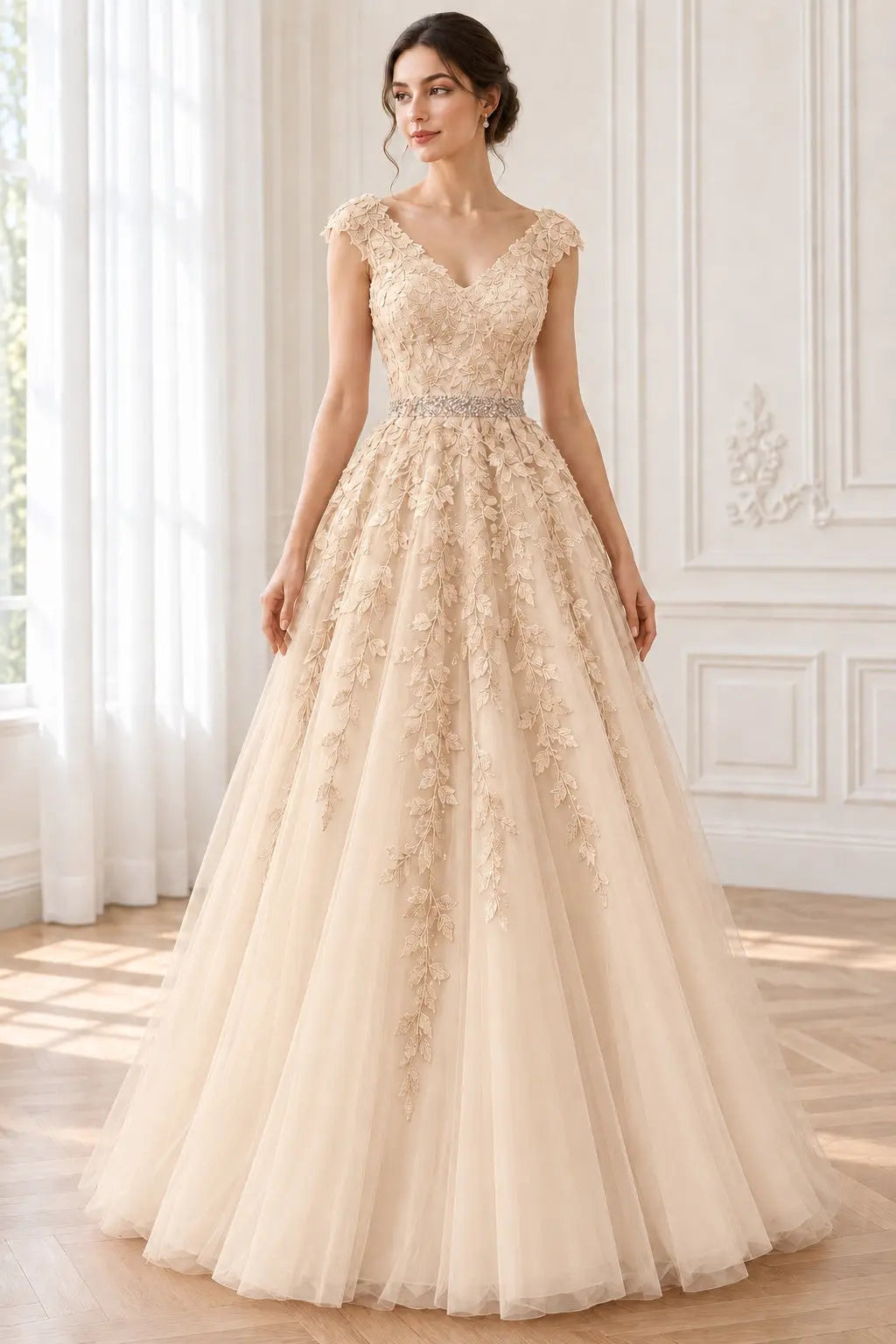 A-Line/Princess V-Neck Sleeveless Floor-Length Applique Tulle Prom Dresses