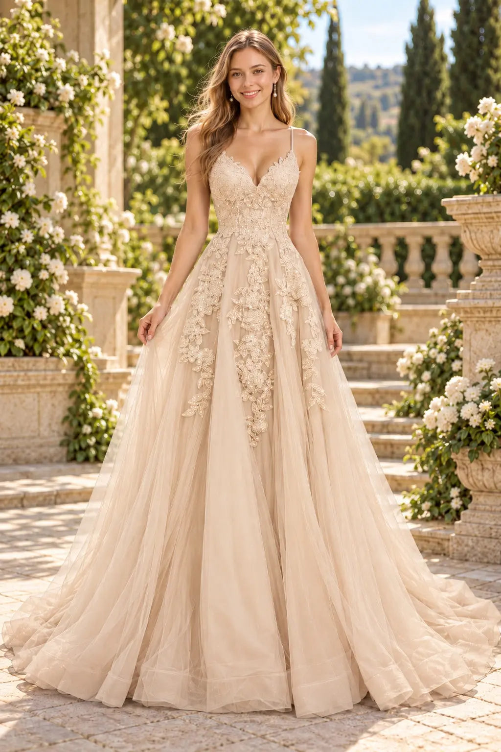 A-line V Neck Spaghetti Straps Sweep Train Tulle Prom Dress With Appliqued