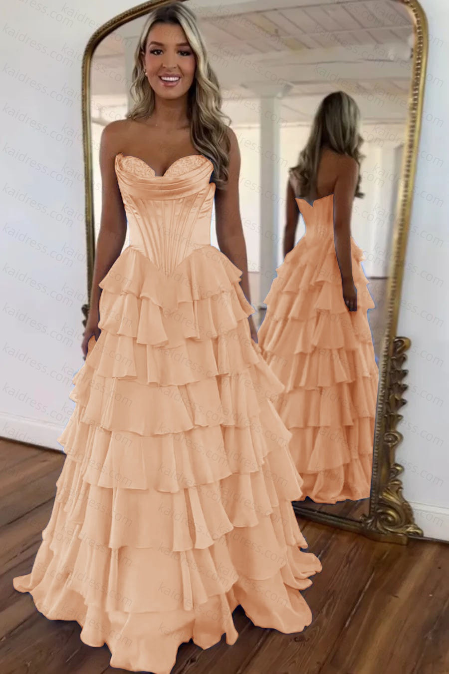 A Line Blue Sweetheart Chiffon Ruffled Long Corset Prom Dress with Slit