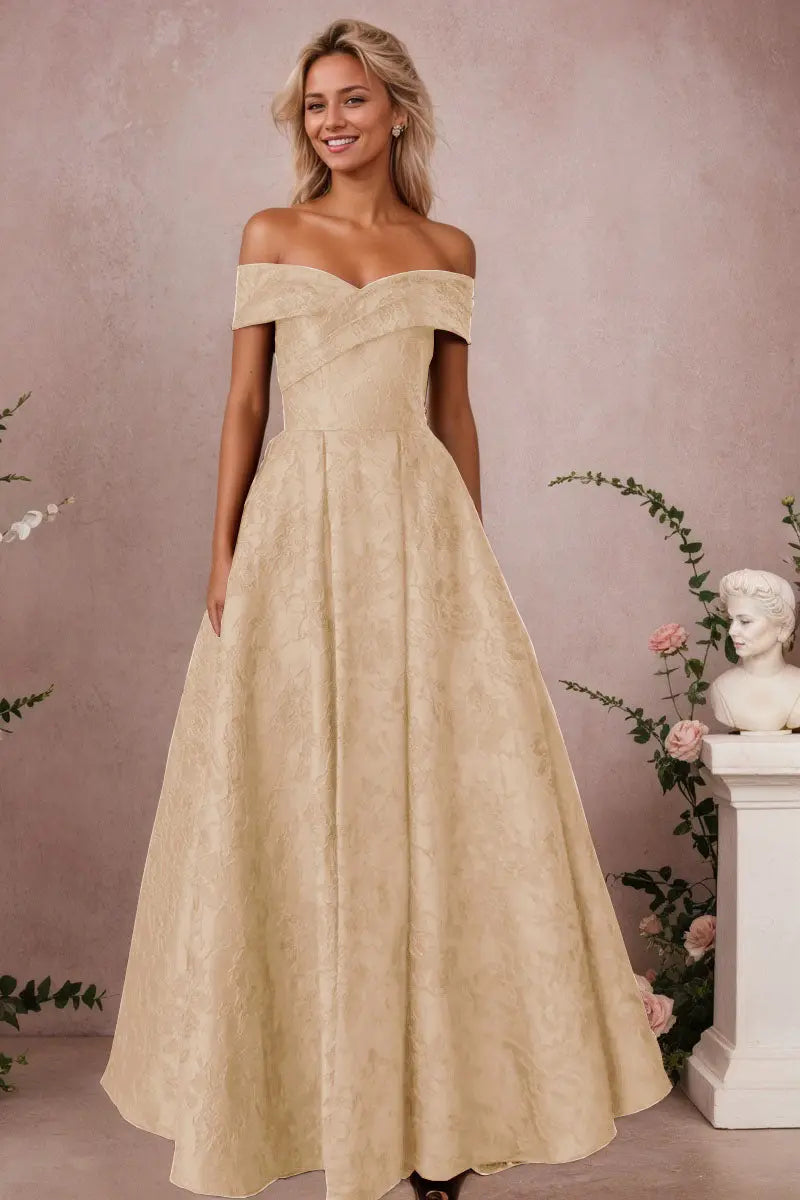 A-Line Off Shoulder Satin Burgundy Long Prom Dress Floral Jacquard Formal Ball Gowns - KAIDRESS