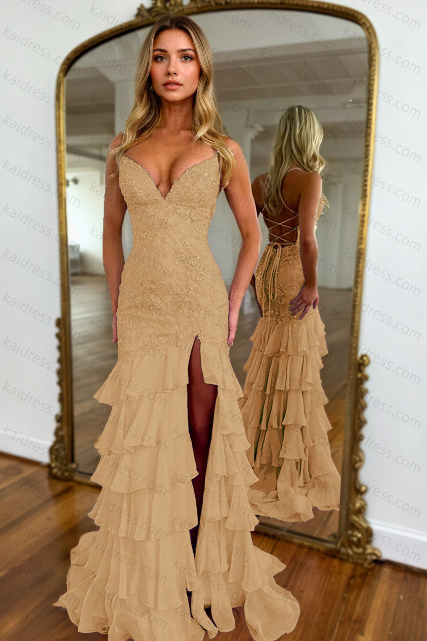 Mermaid Sparkly Lilac Lace Appliques Sheath Tiered Long Chiffon Prom Dress with Slit