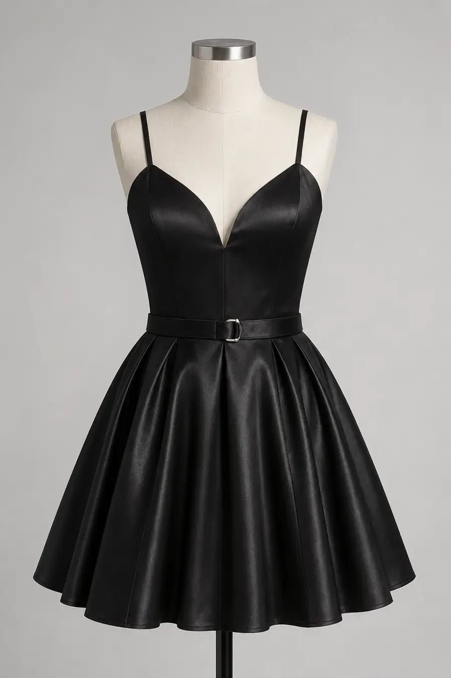 Black Satin V-Neck A-Line Corset Mini Homecoming Dress Lace-Up Back KAIDRESS