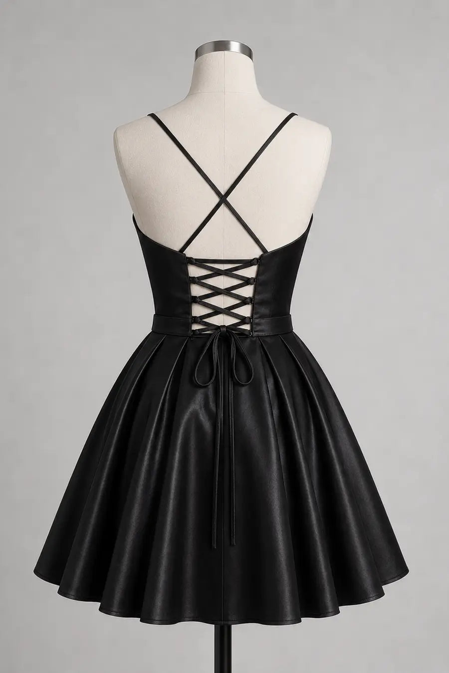 Black Satin V-Neck A-Line Corset Mini Homecoming Dress Lace-Up Back KAIDRESS